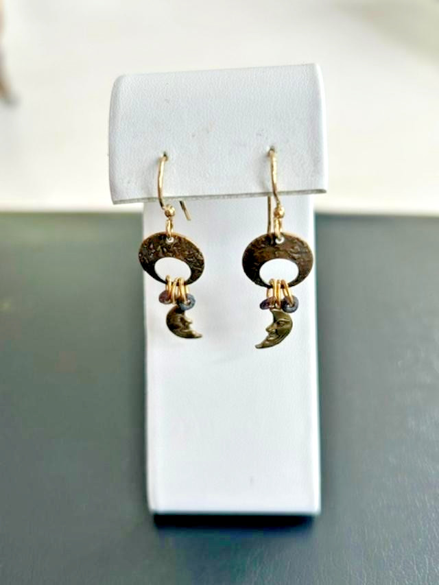 Antiqued Gold Tone Crescent Moon Beaded Boho Dangle Hook Earrings
