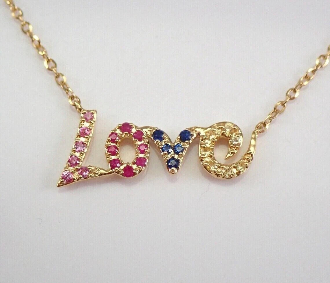 18K Yellow Gold Plated 2Ct Round Lab-Created Multi Color LOVE Necklace 18′ Chain