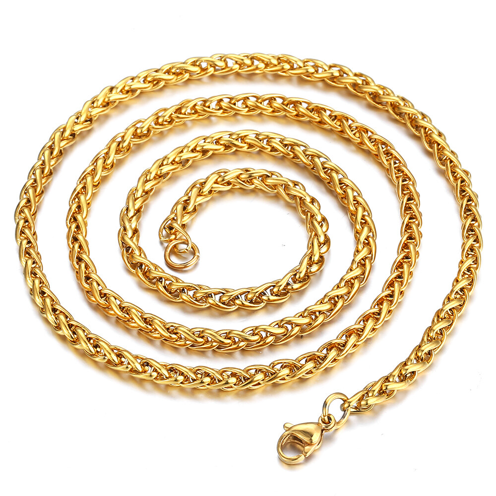 Men Women Braided Wheat Spiga Necklace Gold Plated Stainless Steel Chain 3-9.5mm