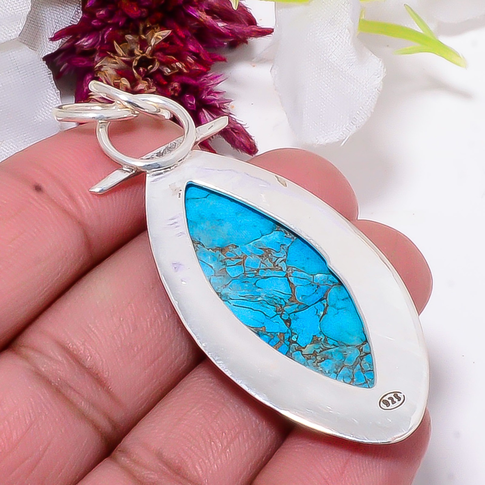 Copper Blue Turquoise 925 Sterling Silver Two Tone Designer Pendant 2.34″ Sku30