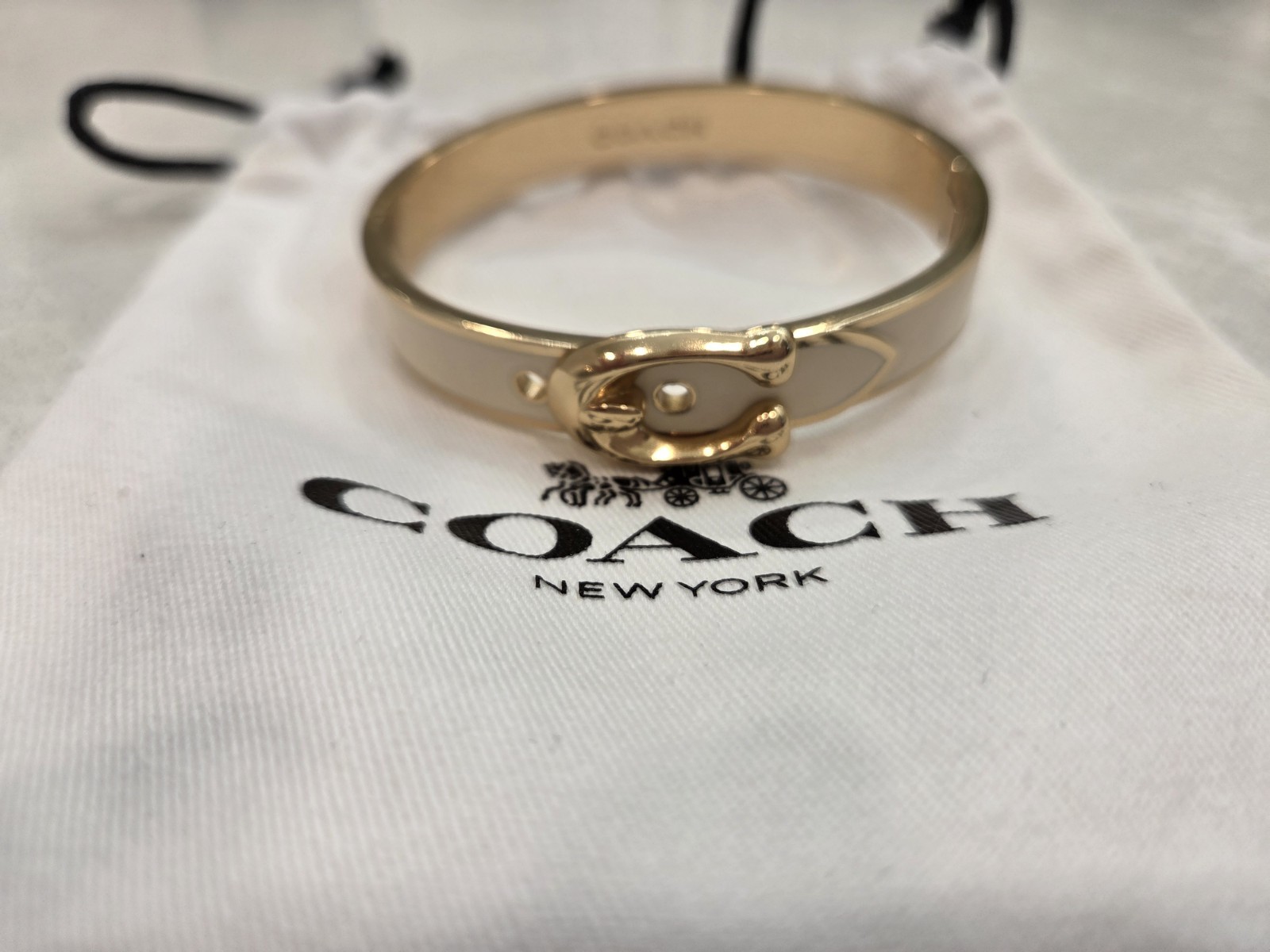 Coach Buckle Bangle Bracelet Signature C Gold Plated & Chalk Enamel Hinged