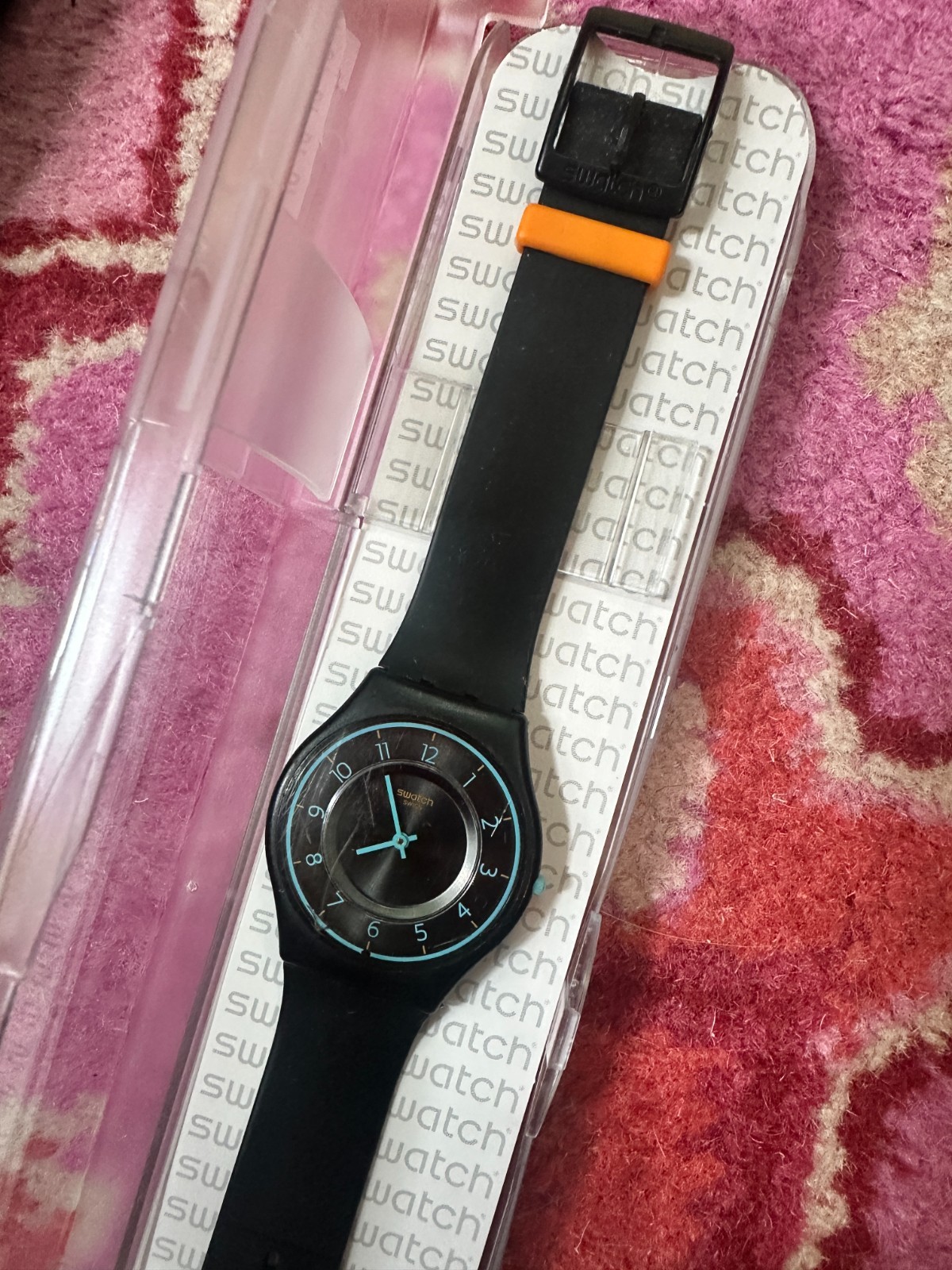 BRAND NEW W BOX Swatch Troposphere SB147 SKIN, Ultra-Thin, Black with Blue Face