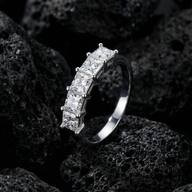 2.0 CT Princess Cut Moissanite 5 Stone 14K Gold Half Eternity Ring