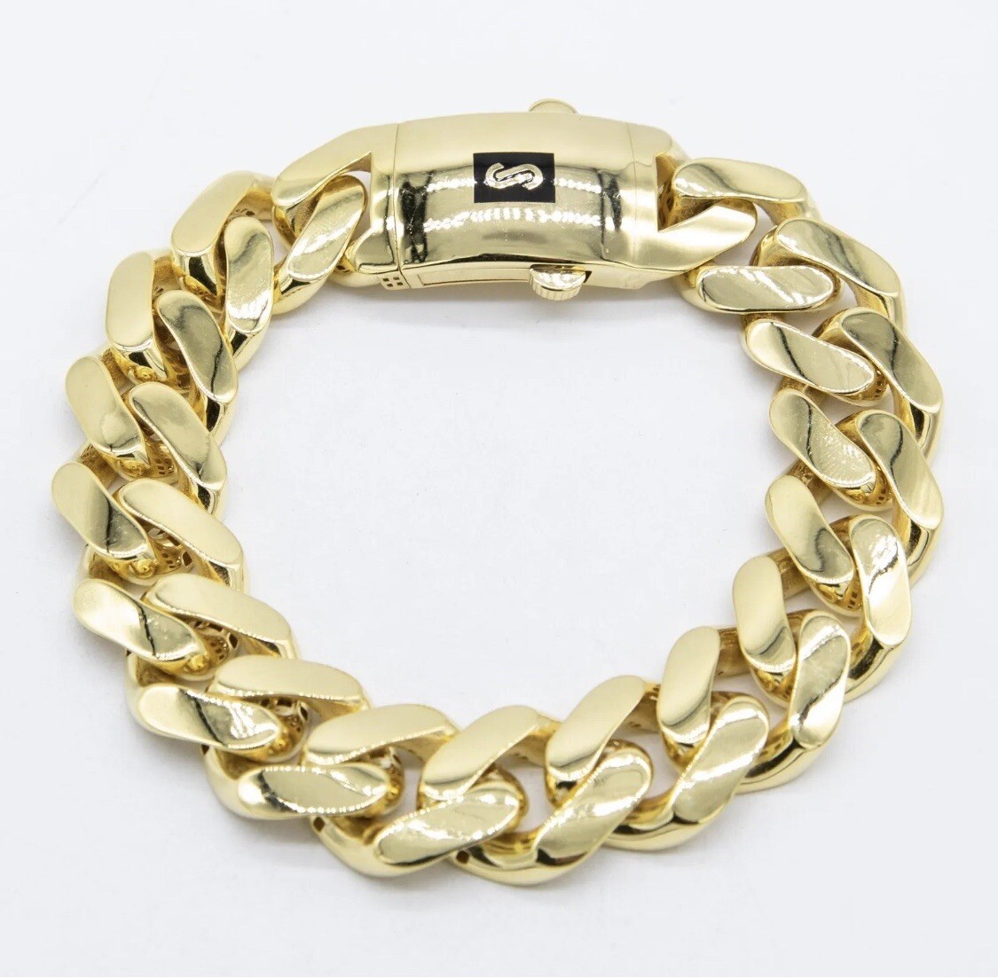 17mm Miami Cuban Royal Link Plain Box Clasp Bracelet Real 10K Yellow Gold 8.5″