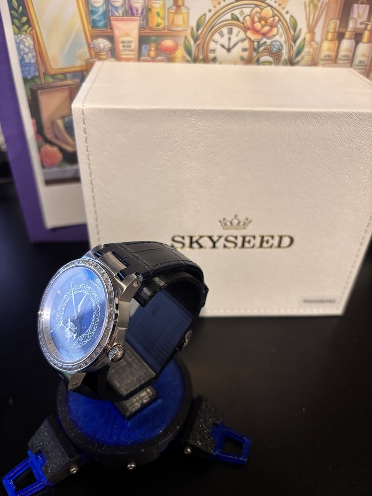 SKYSEED Luxury Blue Dial Diamond Accent Automatic Watch Blue Leather Strap