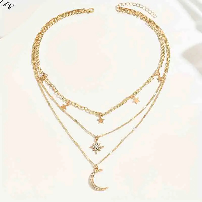 Bohemian Layered Star Moon Necklace for Women Gold Plated Chain with Rhinestone
