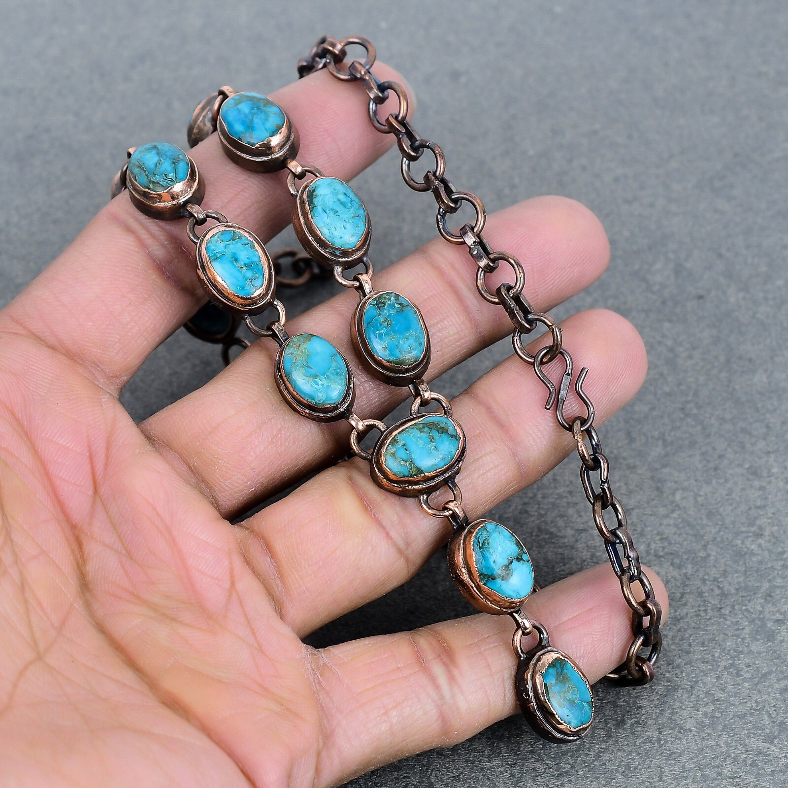 Copper Oval Tibetan Turquoise Stone Electroformed Ethnic Chain Necklace Jewelry