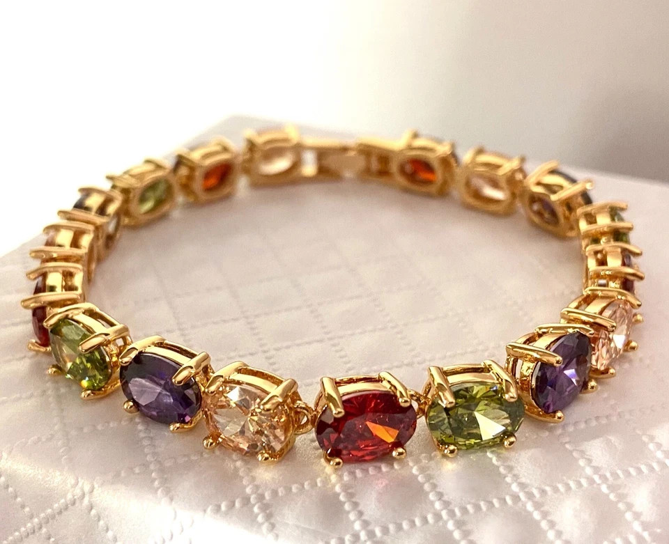 18K Gold Plated 30 CTW Gemstone Tennis Multicolor Bracelet Birthday Jewelry