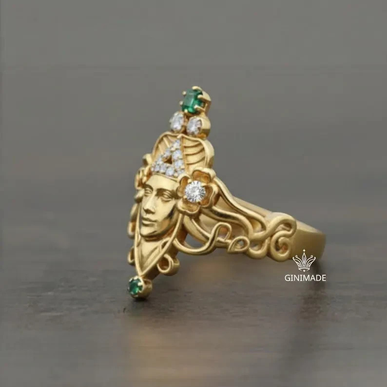 Art Nouveau Gold Goddess Face Ring w/ Emerald & Diamond