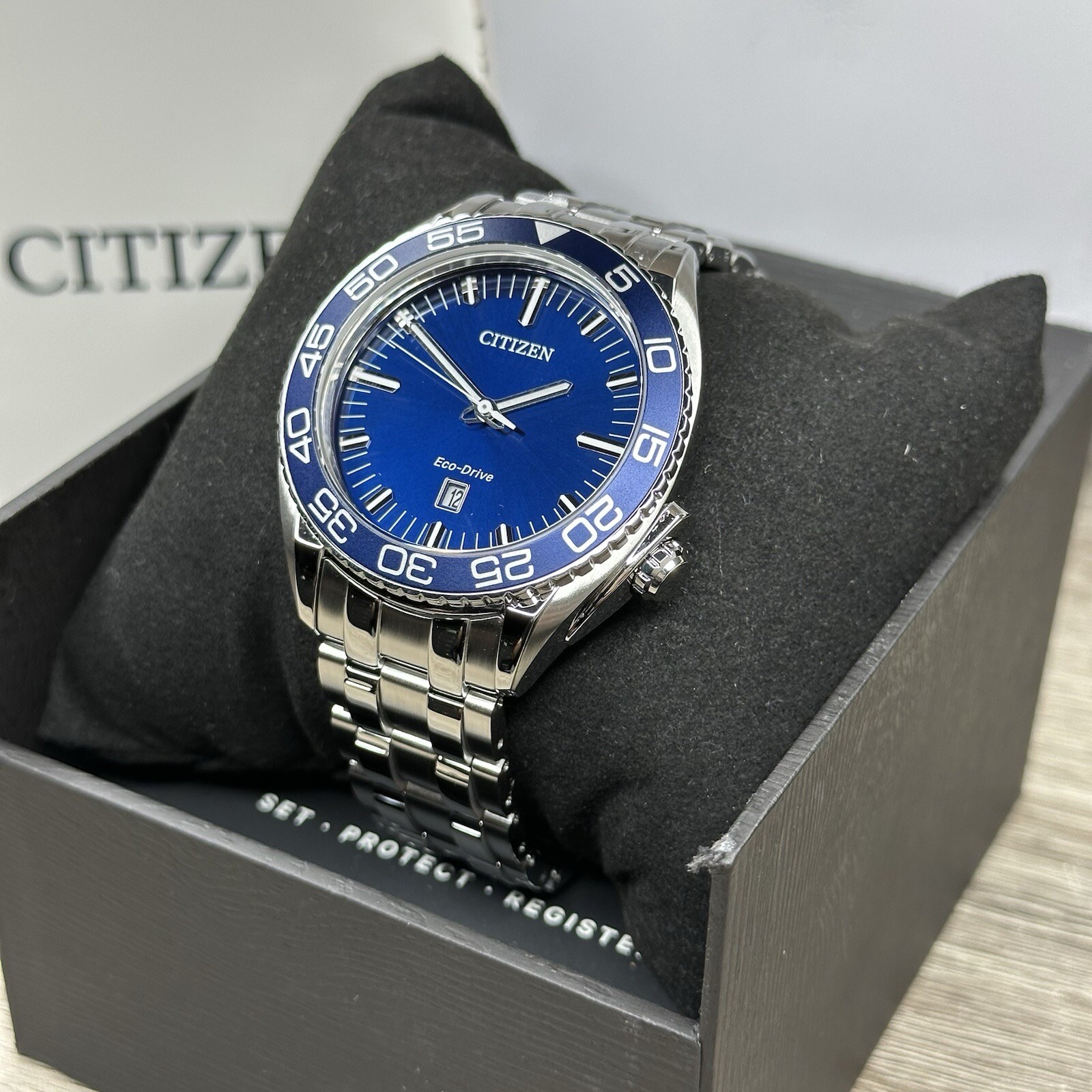 MSRP $525✅Citizen Eco-Drive Carson Silver Steel Blue Date Men’s Watch AW1770-53L