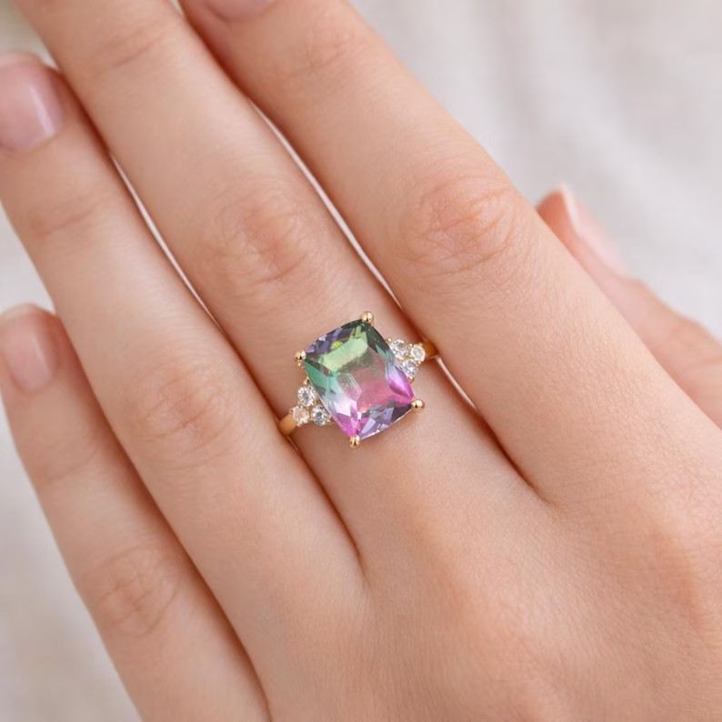 Lab Created Watermelon tourmaline Ring, Base Metal: Brass Finish: Gold Plated
