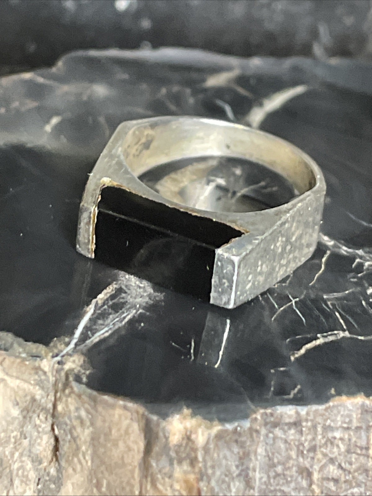 Vintage Sterling Silver Black Onyx Inlay Flat Top Ring Size 5.25