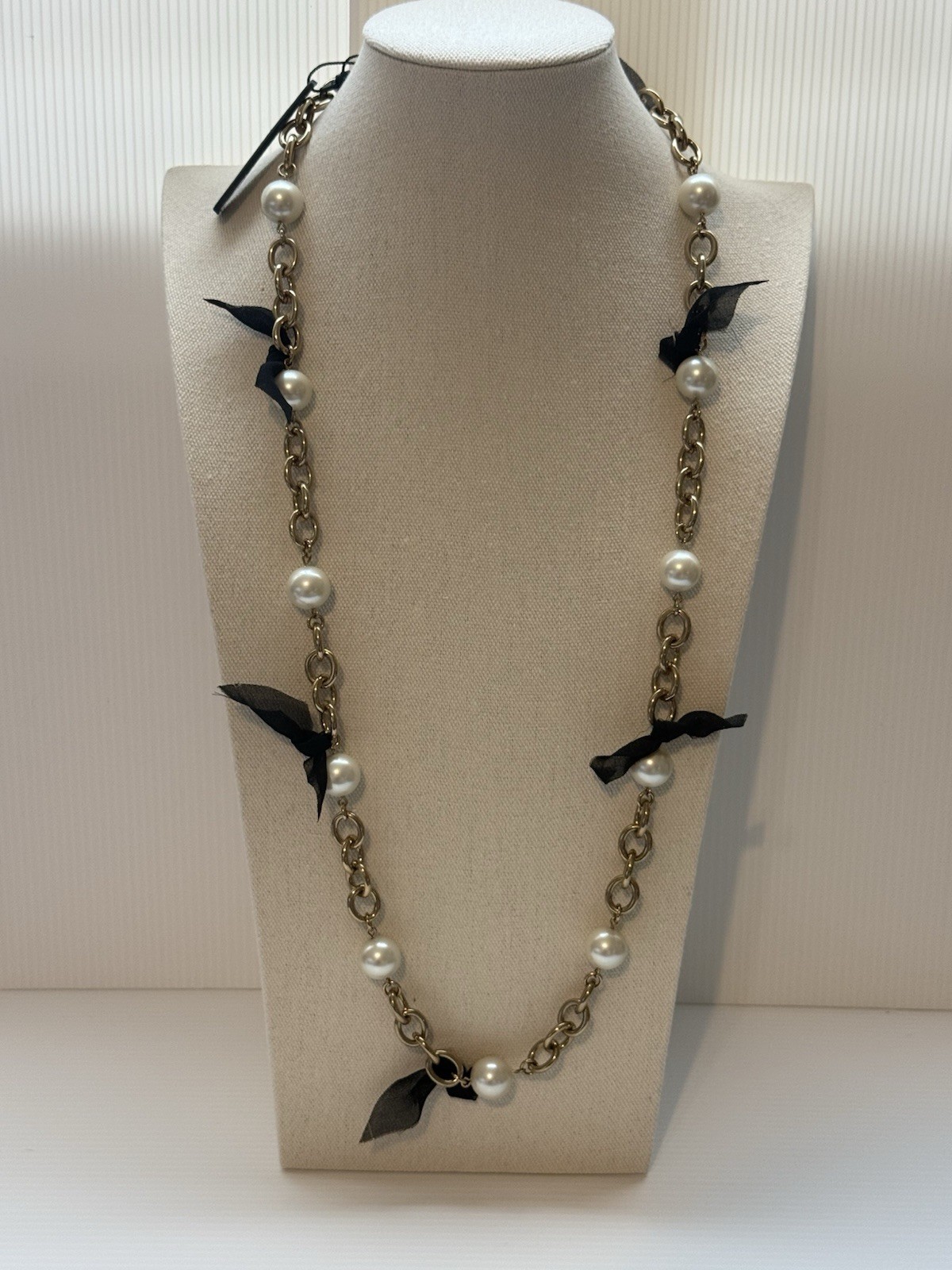 90’s Ann Taylor NWT Statement Necklace Chain Pearl Ribbon Heavy Chunky 33.5” L