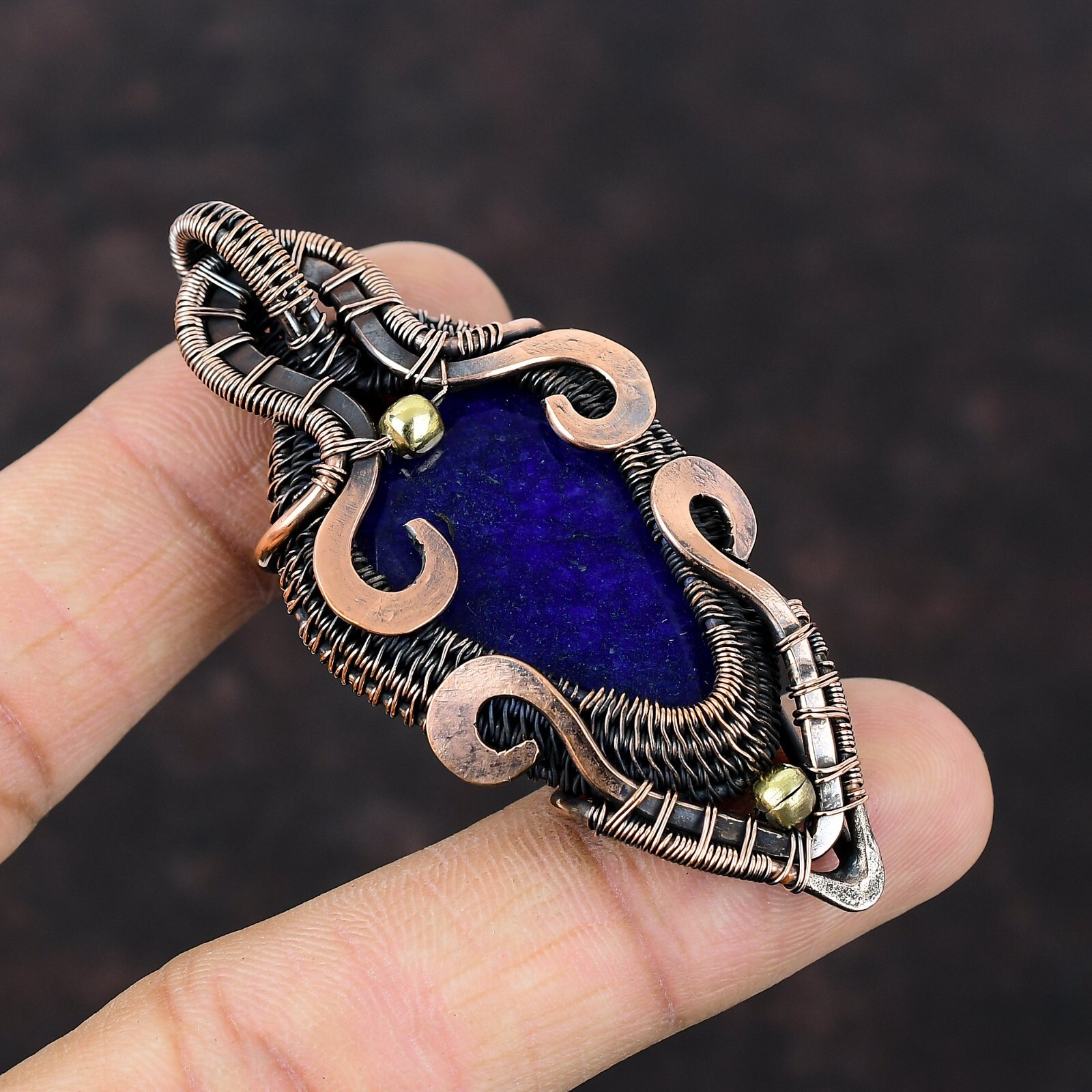 Gift For Women Jewelry Wire Wrapped Pendant Copper Blue Saphire Gemstone 2.64″