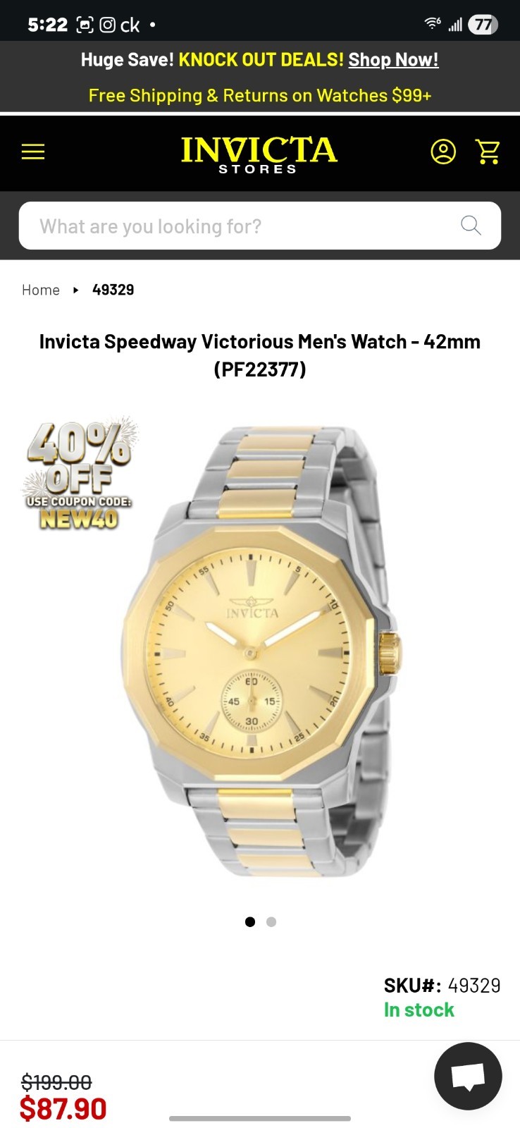 Invicta Speedway 49329 Mens 42mm Two Tone Stainless Steel Quartz Watch BNWT