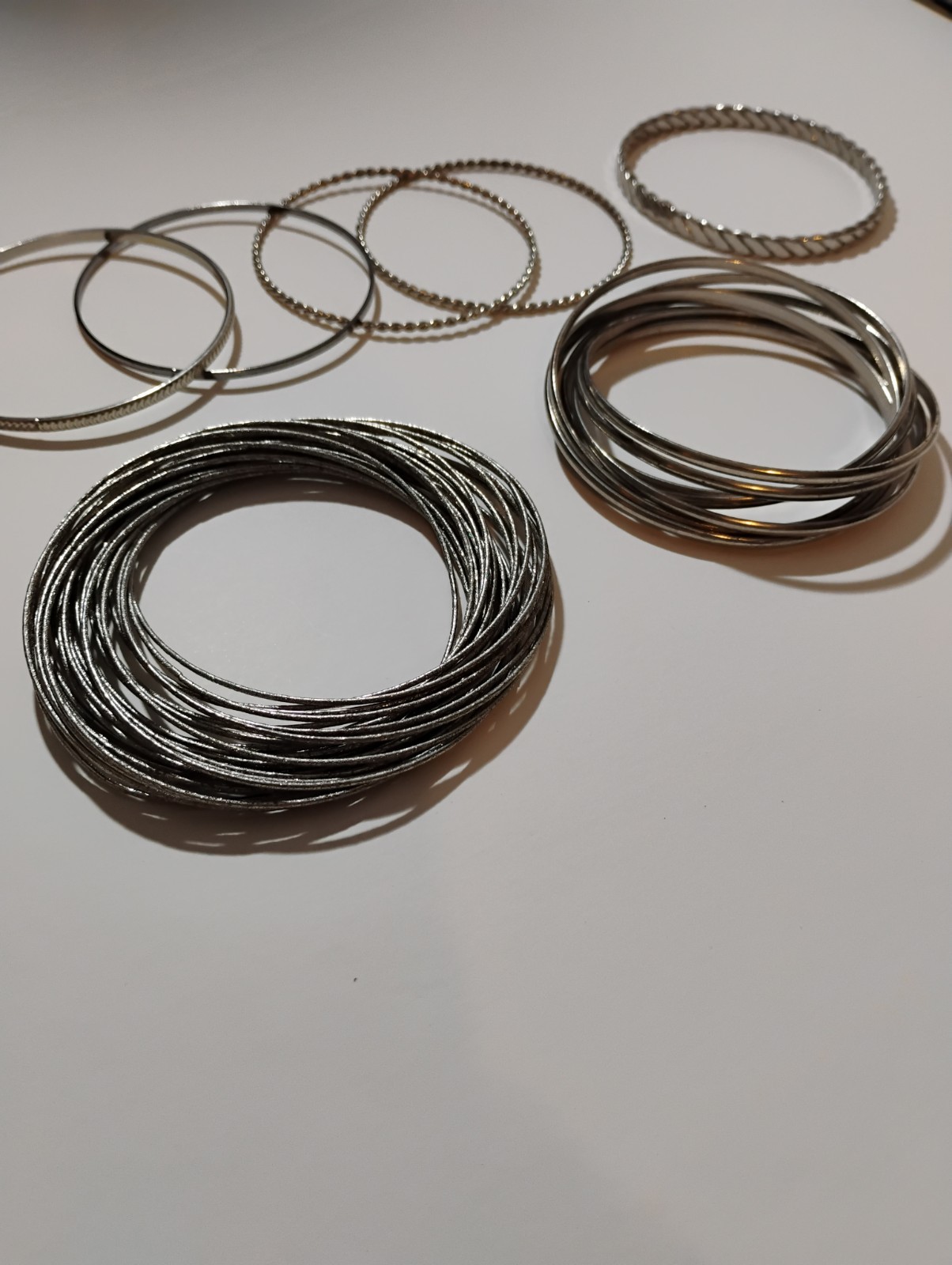 Silver Tone Bangle Bracelets-Lot of 7-(2 Cluster/5 Single) Approx 6 Inches