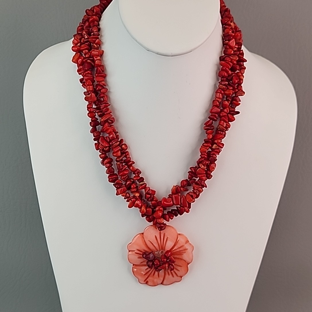 Coral Beaded Necklace Three Layered Dyed Mother of Pearl Flower Pendant Red 18″