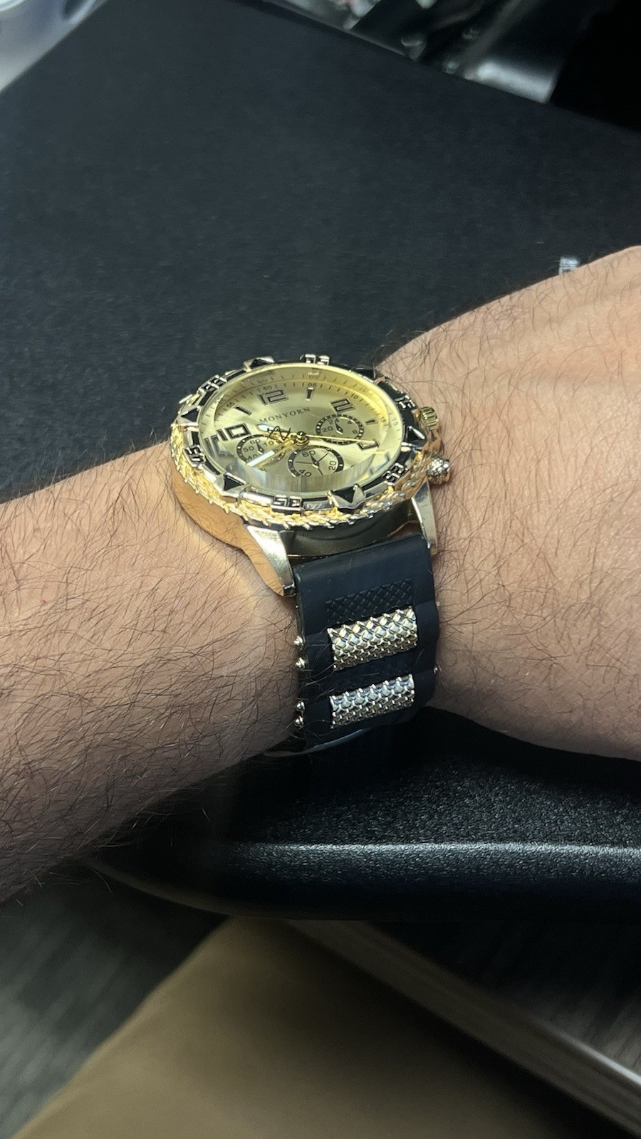 MONYORN Men’s Quartz Chronograph Analog Watch Gold Tone Case Black Rubber