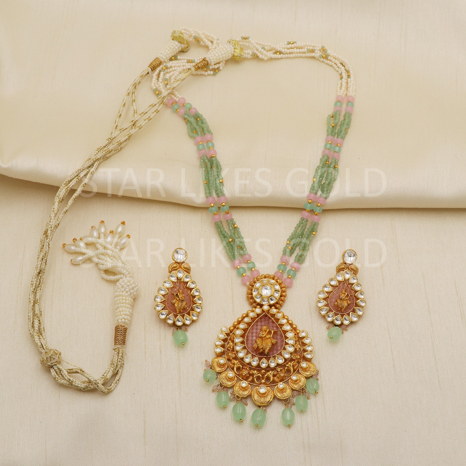 22K Yellow Gold Lord Ganesha Temple Pendant Necklace Earrings Set Beads 22.67g