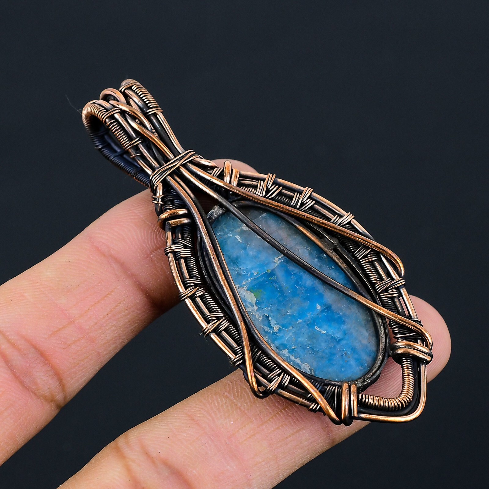 Neon Blue Apatite Handmade Gemstones Copper Wire Wrap Wedding Pendant Jewelry