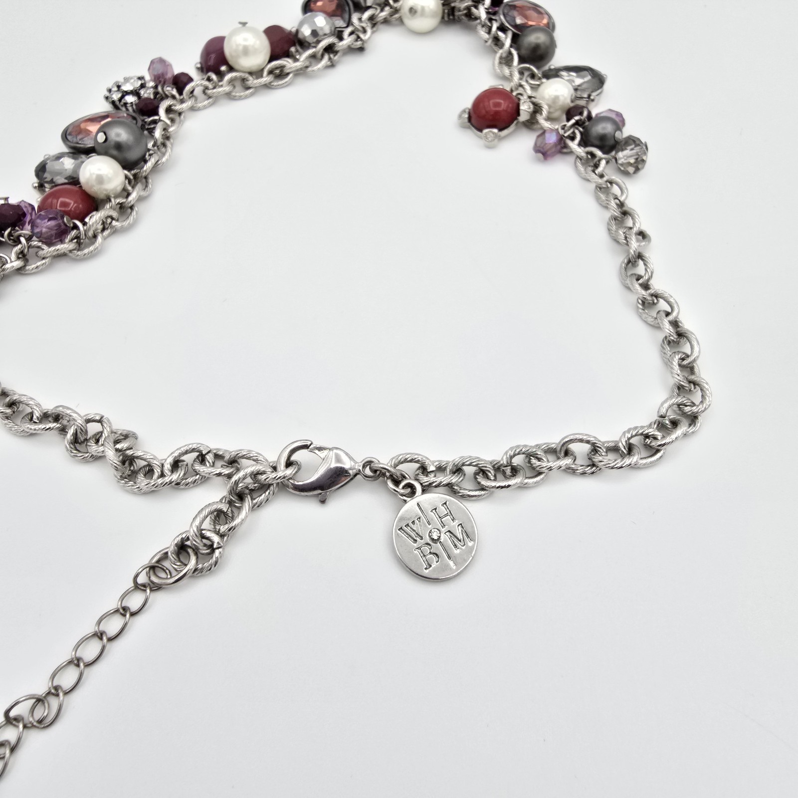 White House Black Market Red Rhinestone & Faux Pearl Necklace Purple Gray White