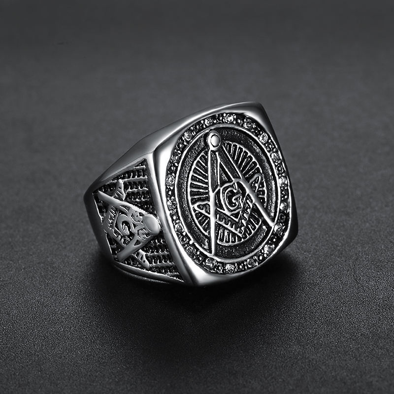 Masonic Ring Freemason Men’s Stainless Steel Crystal Gold Mason G Pillar Cross