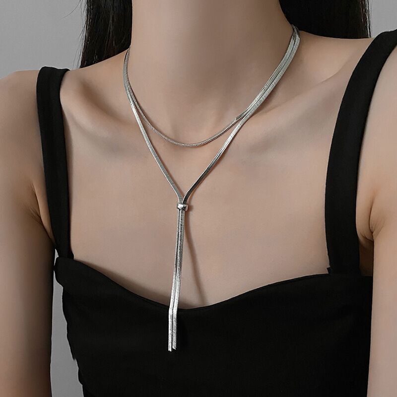 Women 18k Gold Plated Herringbone Chain Snake Necklace Tie Beaded Slide Tassel