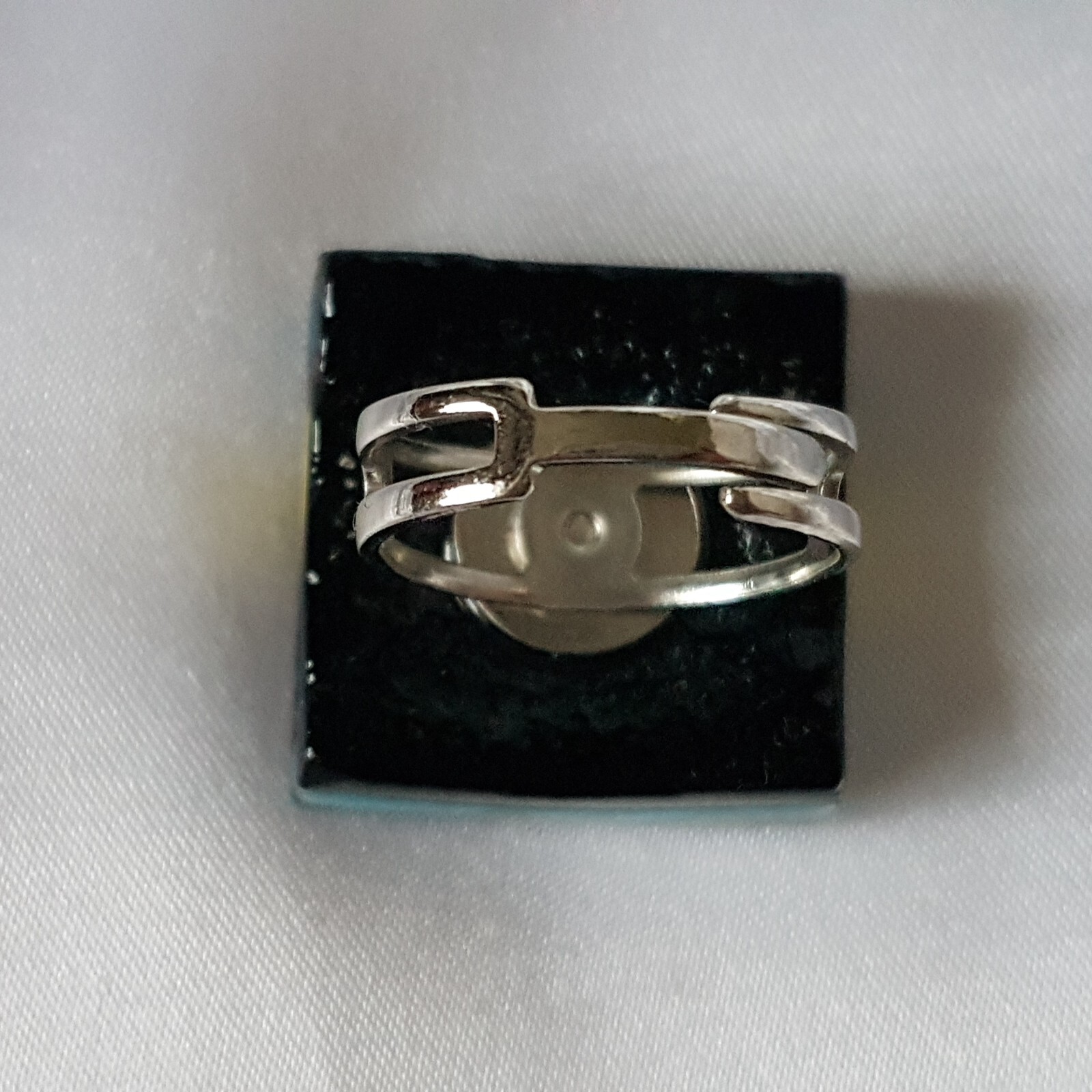 Ring ~ Blue, Brown, Yellow Stripes ~ Glass & Chrome ~ UK Size M 1/2 (Adjustable)