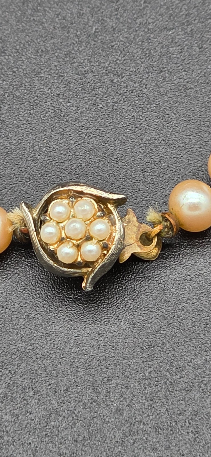 Vintage Knotted Ivory Cream Faux Pearl Necklace Decorative Flower Box Clasp 21″