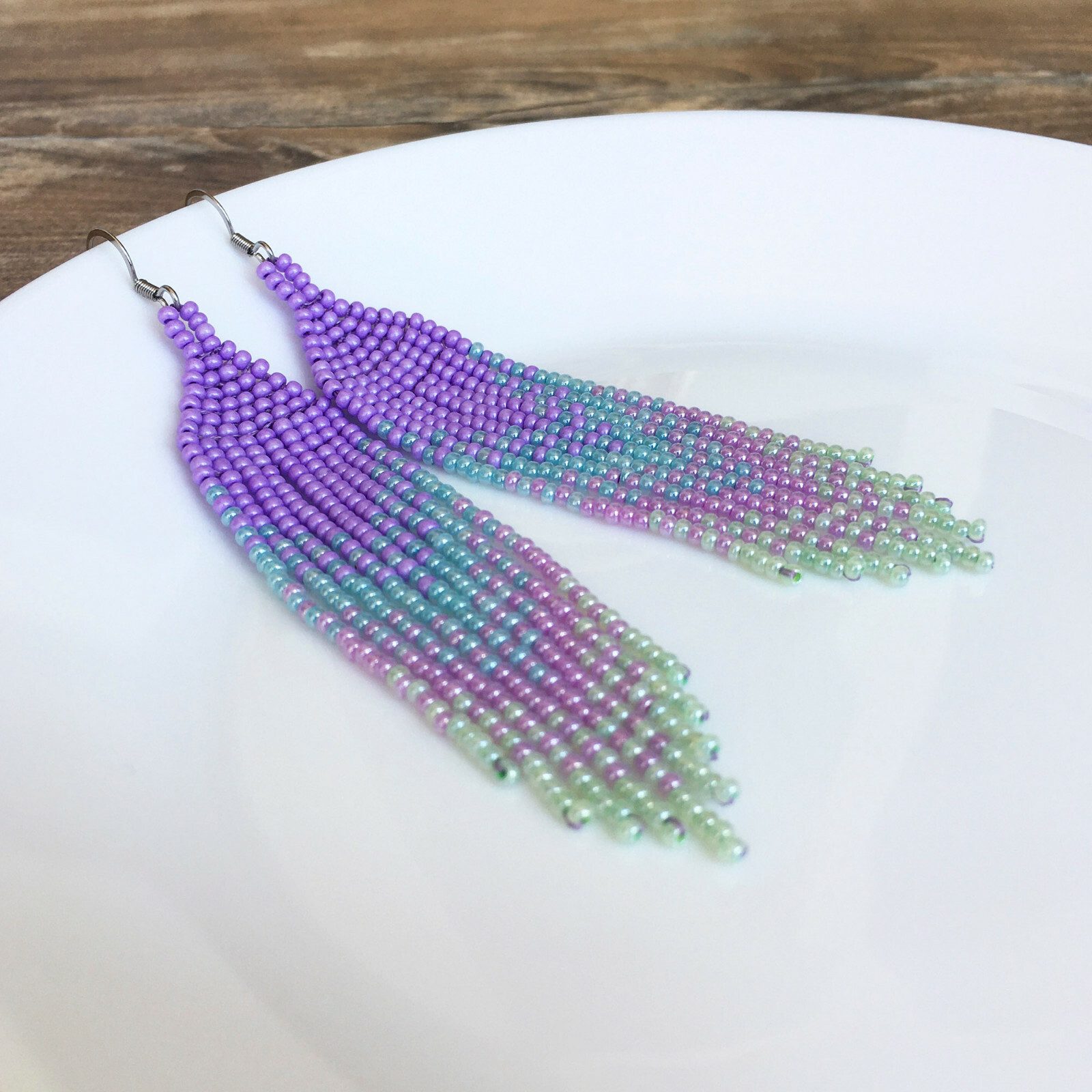 Lavender blue gradient seed bead earrings, Lilac waterfall beaded earrings