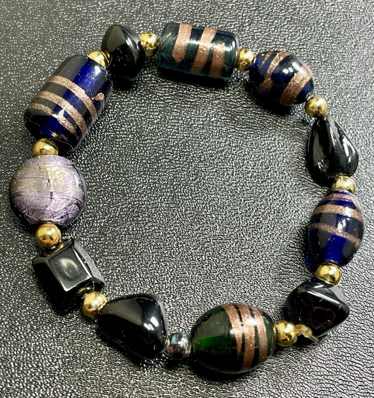 Vintage Blue & Green Murano Art Glass Beaded Stretch Bracelet