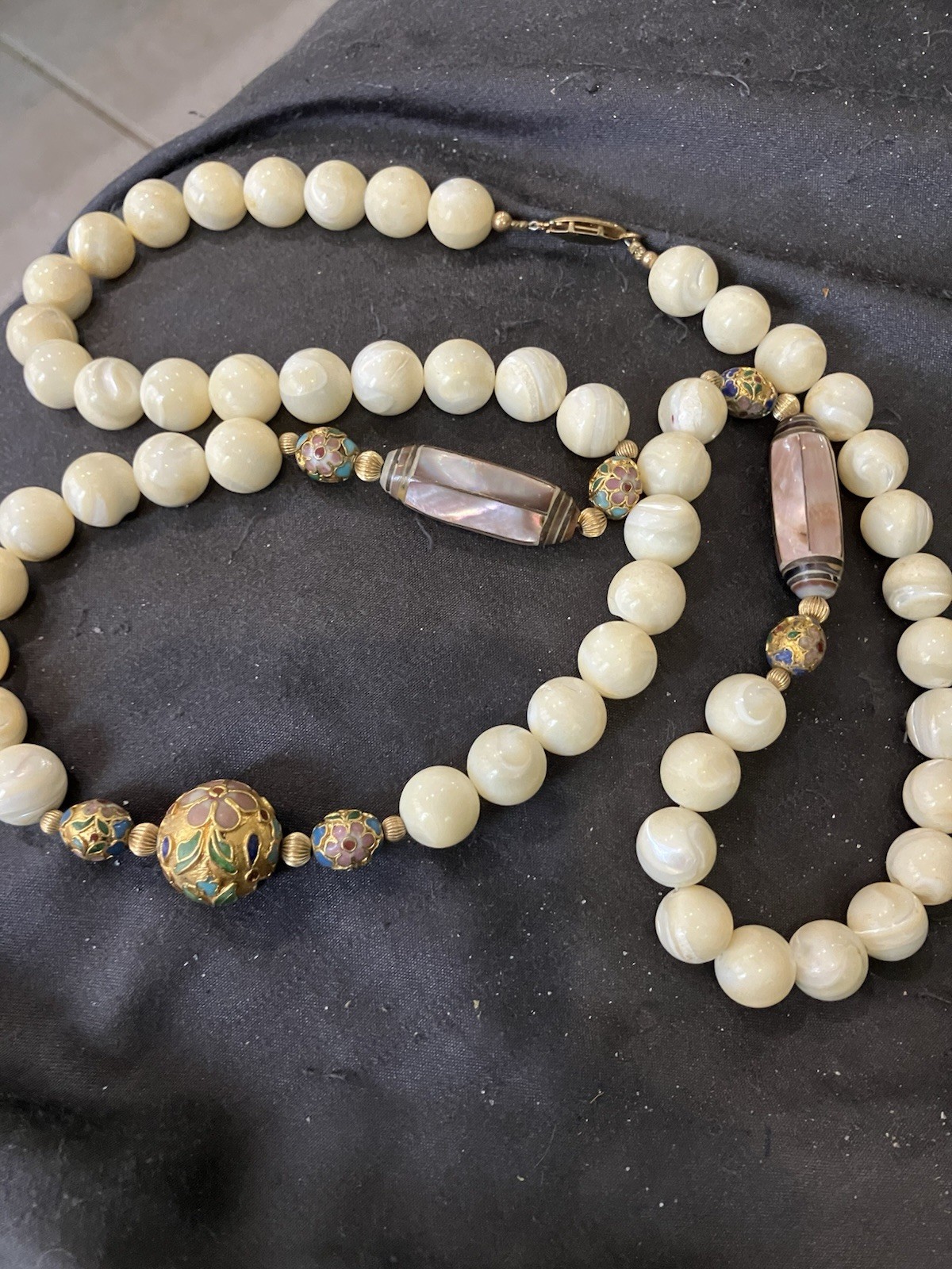Vintage Chinese Export Mother Of Pearl MOP Cloisonne Enamel Beaded NECKLACE 33”