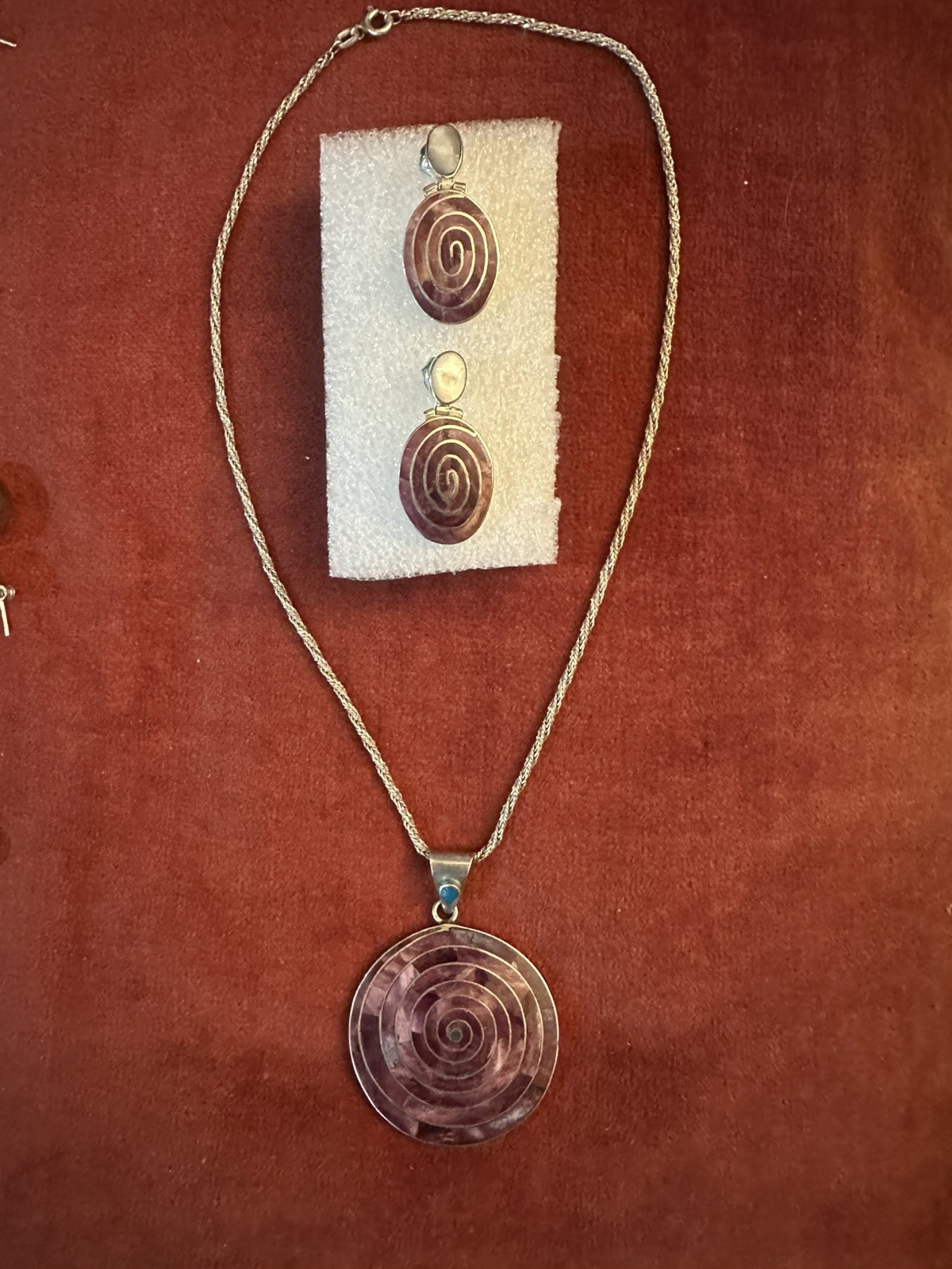 Set of Silver Pendant /Silver Chain + Pair Of Similarly Styled Dangle Earrings