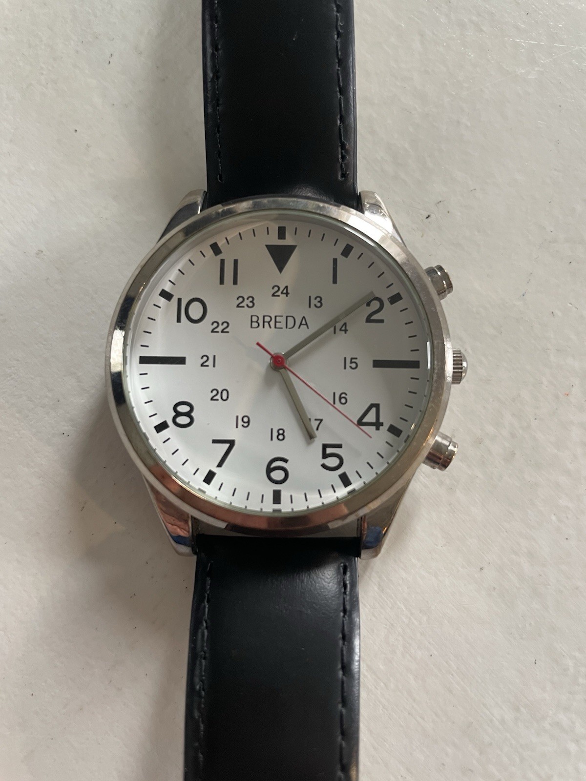 BREDA 2384A Watch Men White Dial Silver Tone Black Leather BATTERY NEEDED