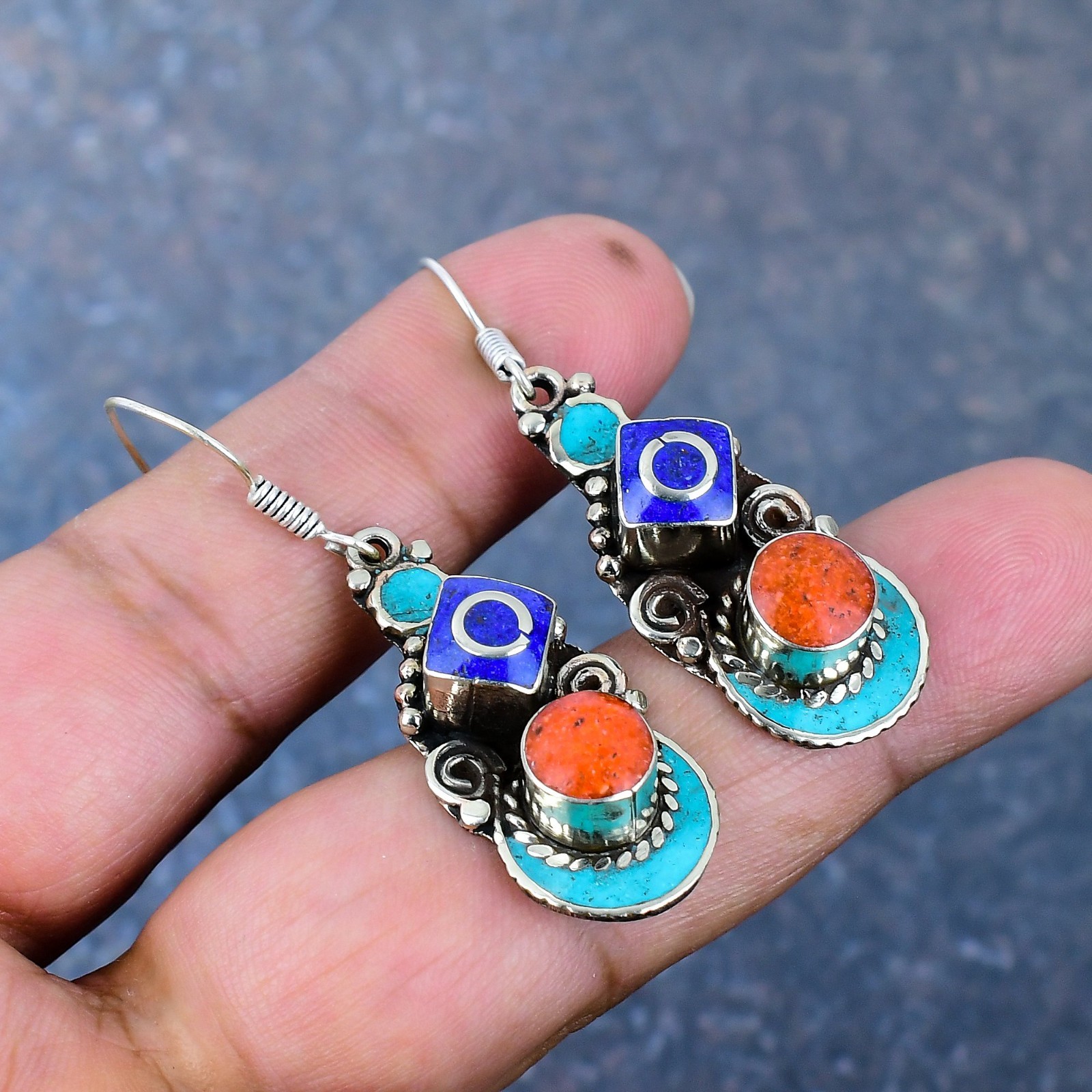 Turquoise, Coral Gemstone 925 Sterling Silver Earrings Handmade Nepali Jewelry