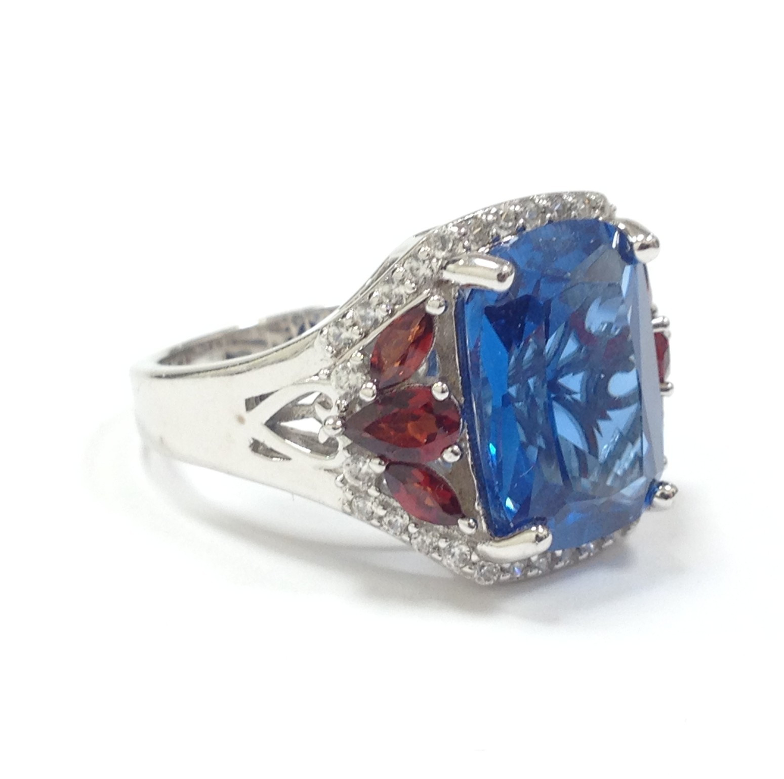 DK Signed 925 Sterling Silver Blue and Red Gemstone Cocktail Ring Size 7.75