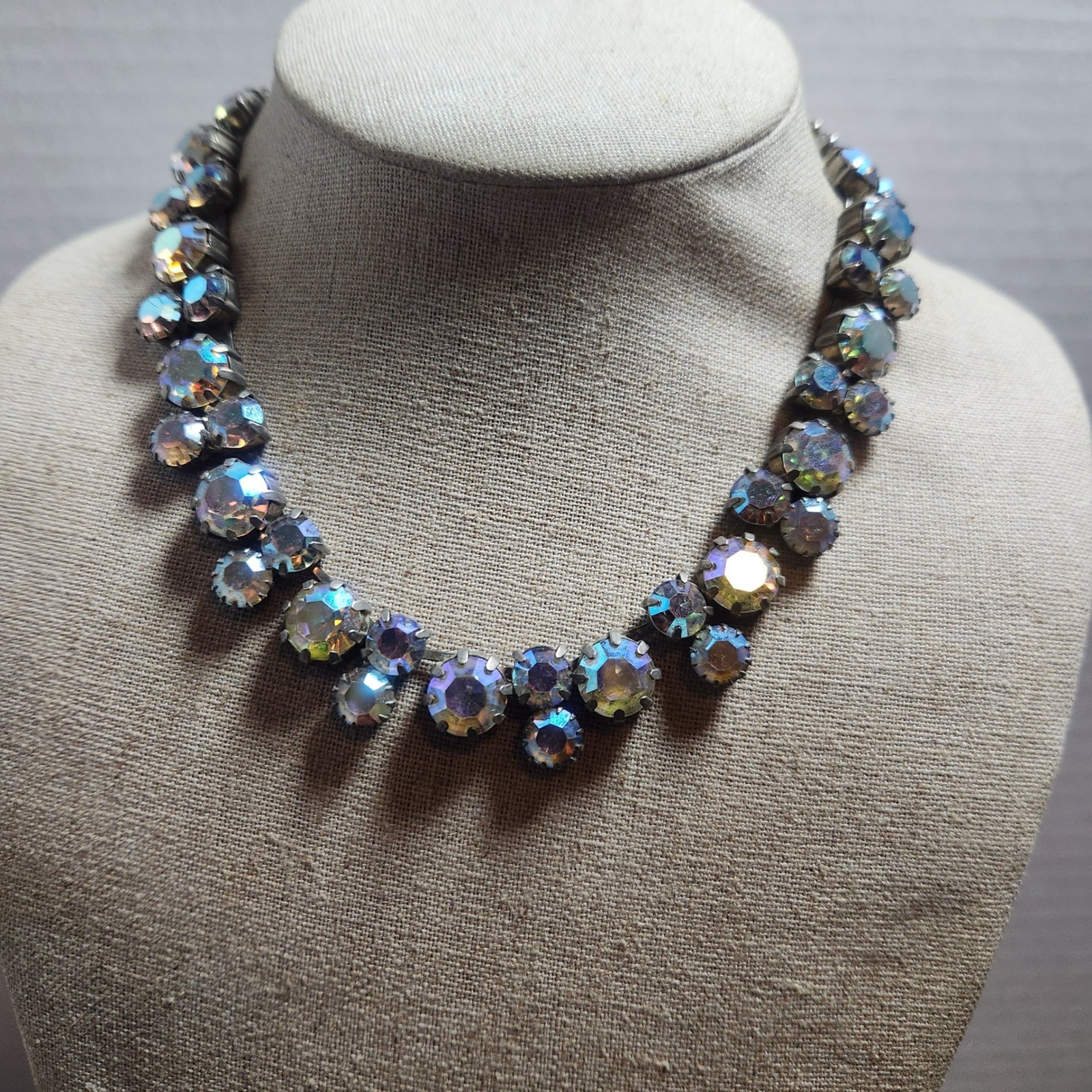 Vintage Aurora Borealis Rhinestone Choker Necklace Silver Tone J-Hook 15.5 Inch
