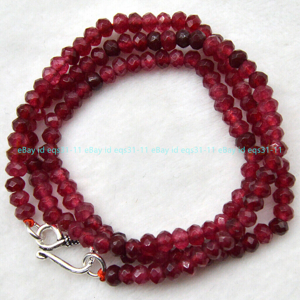 2x4mm Natural Red Garnet Faceted Gemstone Roundel Beads Necklace Silver Clasp