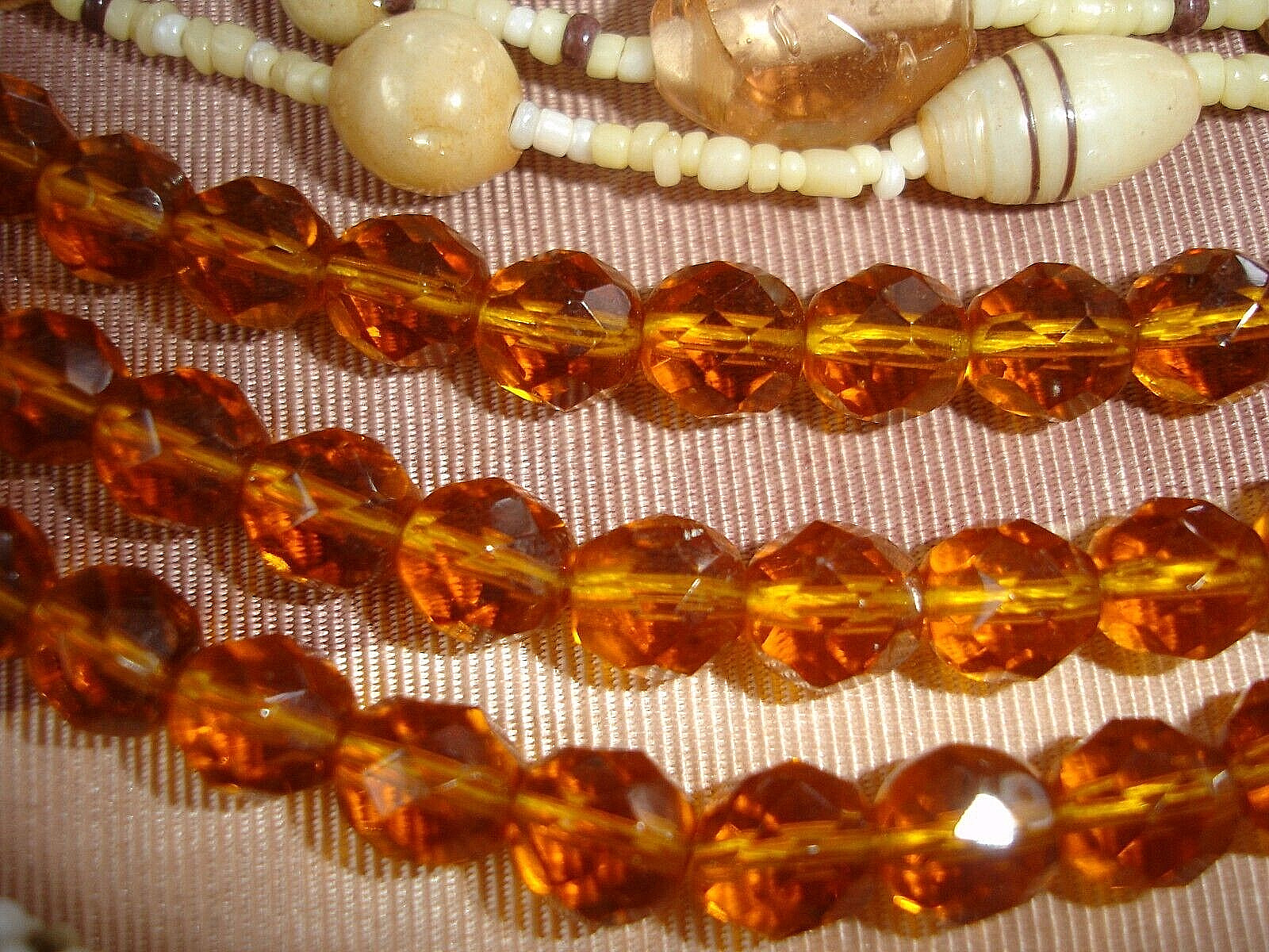 Vintage LOT 4 Multi-Strand GLASS BEAD Necklaces-Gold, Neutral Tan, Orange, Brown