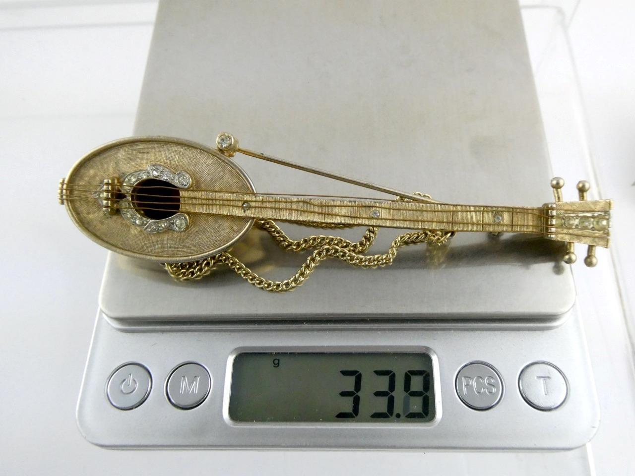 Vintage R Mandle Signed Mandolin Brooch Musical Instrument Pin White Rhinestones