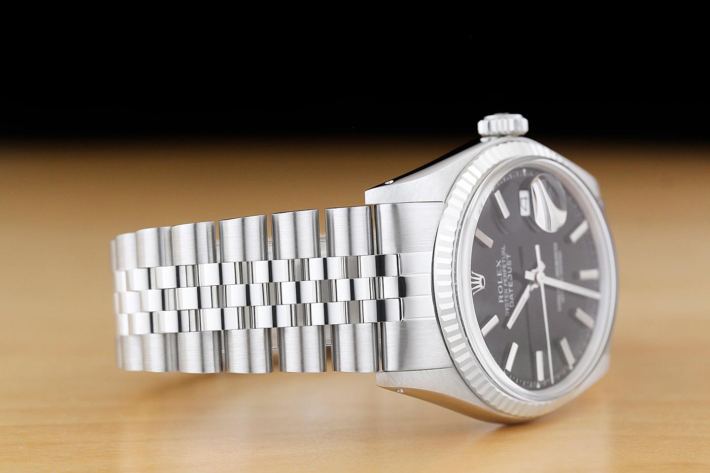 ROLEX MENS DATEJUST BLACK DIAL 18K WHITE GOLD STAINLESS STEEL JUBILEE WATCH