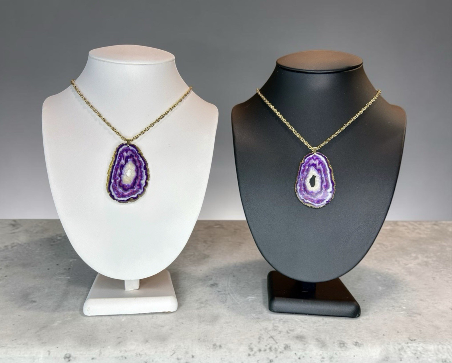 Med Faux Amethyst Geode Slice Polymer Clay Handmade Pendant Necklace SS Chain