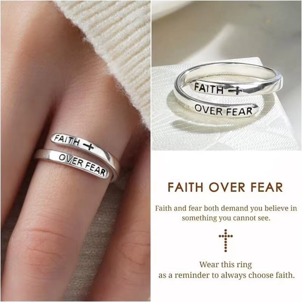 Faith Over Fear Cross Jesus Ring Adjustable