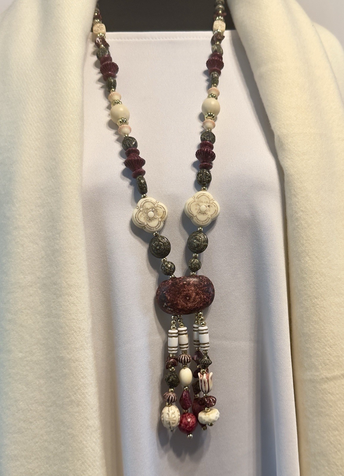 Vintage Artisan Mixed Bead Necklace Russia Market 32in With 4in Tassel Drop
