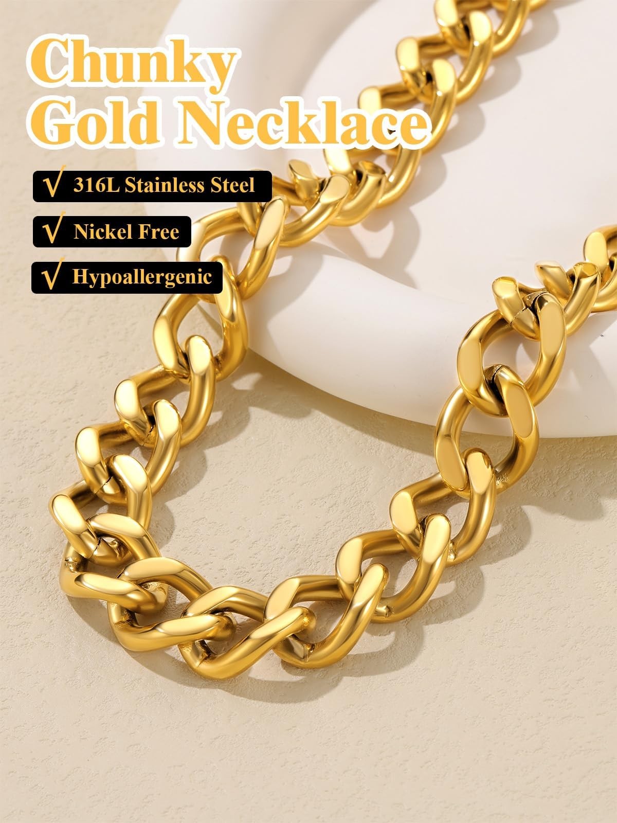 Chunky Gold Necklace, 16mm Cuban Link Chain for Women, Stainless Steel Chunky…
