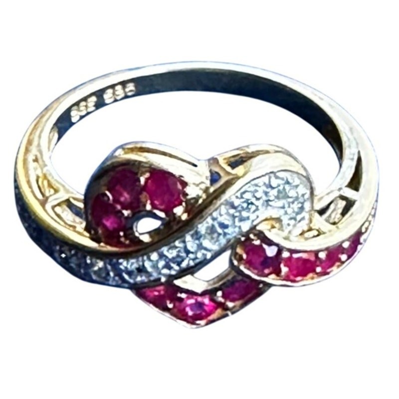 14K Gold Natural Ruby Diamond Heart Knot Ring Size 7 585 3.09g Sizable