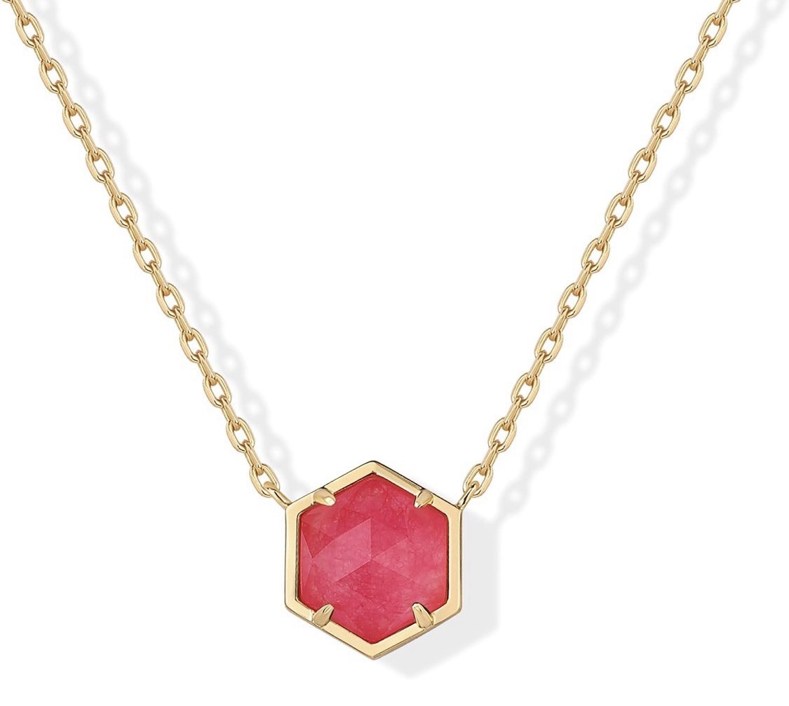 Gold Tone Cable Chain Necklace Pink Hexagon Stone Charm Pendant Bezel Set