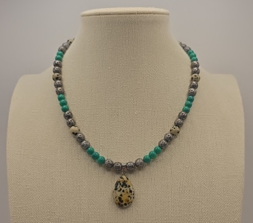 Beaded Necklace Green Silver and Tan with Pendant