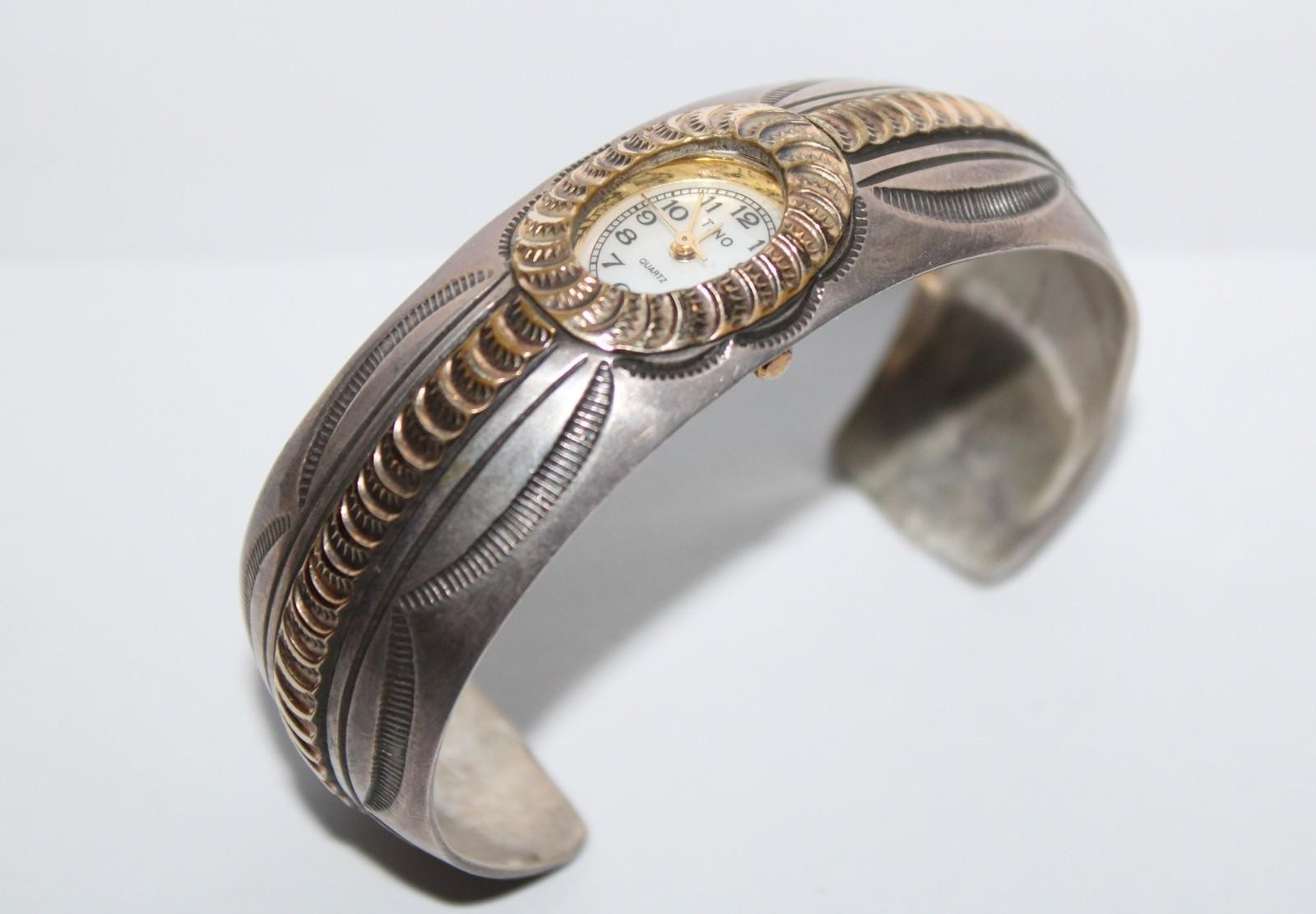 Navajo Carson Blackgoat Stamped Sterling Quartz Watch Bracelet