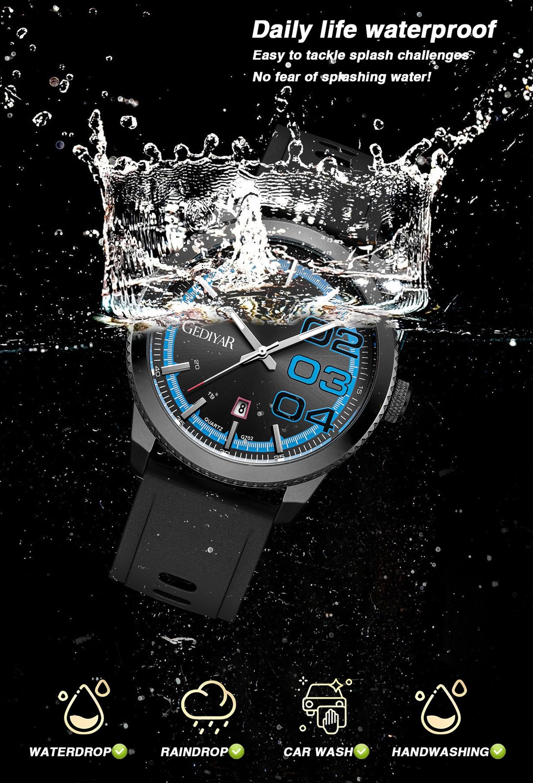 Men’s Wristwatch Quartz 46mm Dial Big Numbers Luminous Sport Silicone Strap Date